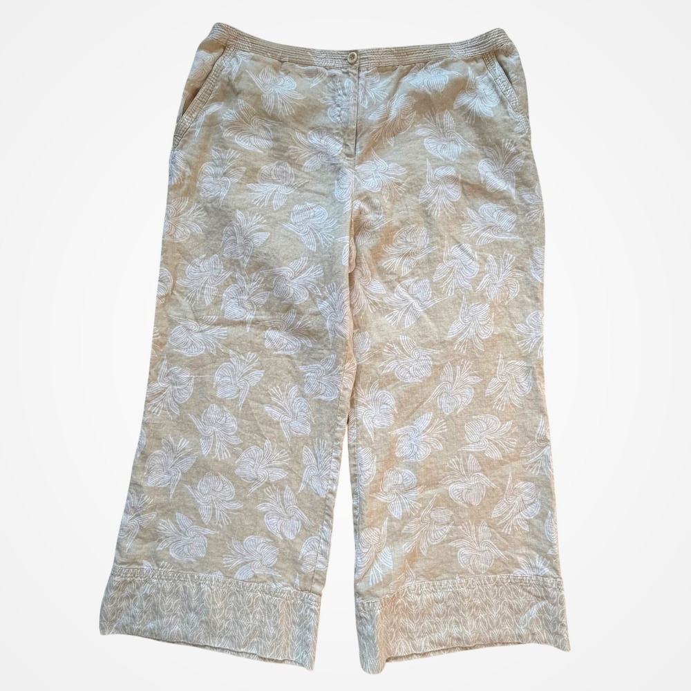 Sigrid Olsen Linen Wide Leg Crop Pants Tan White Floral 14 Coastal Beach Travel